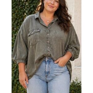 Easel Womens Oversized Button Down Shirt Olive Green 1X Boho Earthy Gorpcore